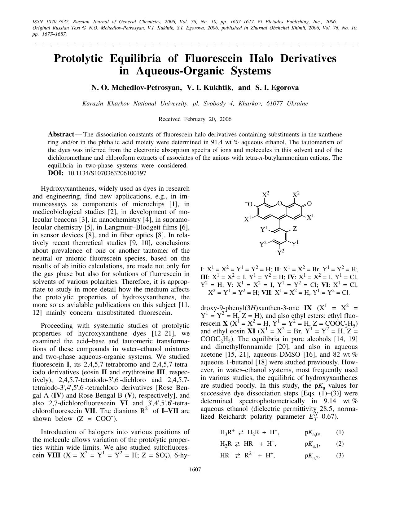 Protolytic equilibria of fluorescein halo derivatives in aqueous-organic systems by Unknown