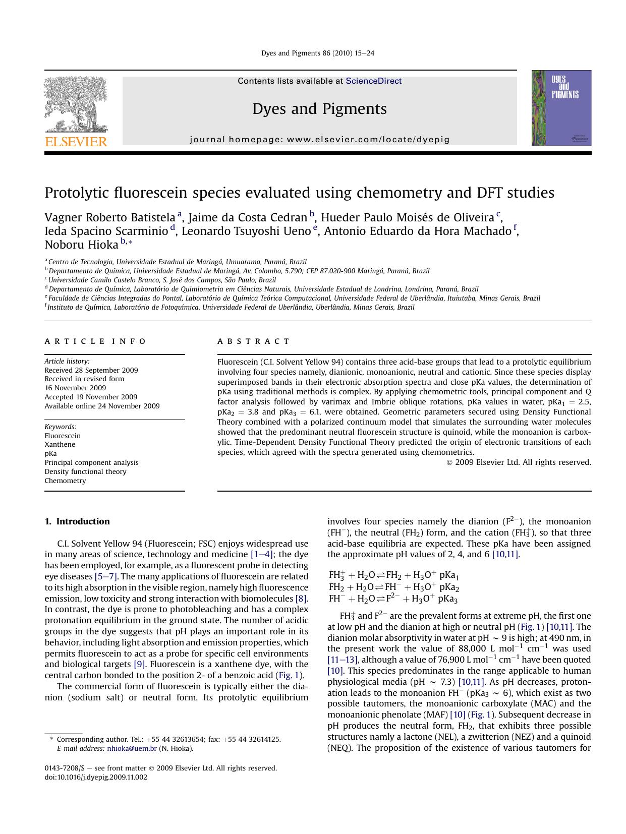 Protolytic fluorescein species evaluated using chemometry and DFT studies by unknow