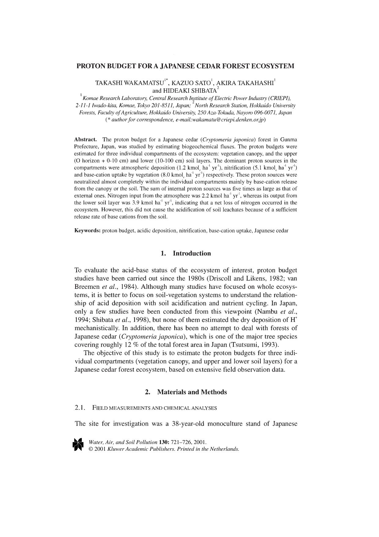 Proton Budget for a Japanese Cedar Forest Ecosystem by Unknown