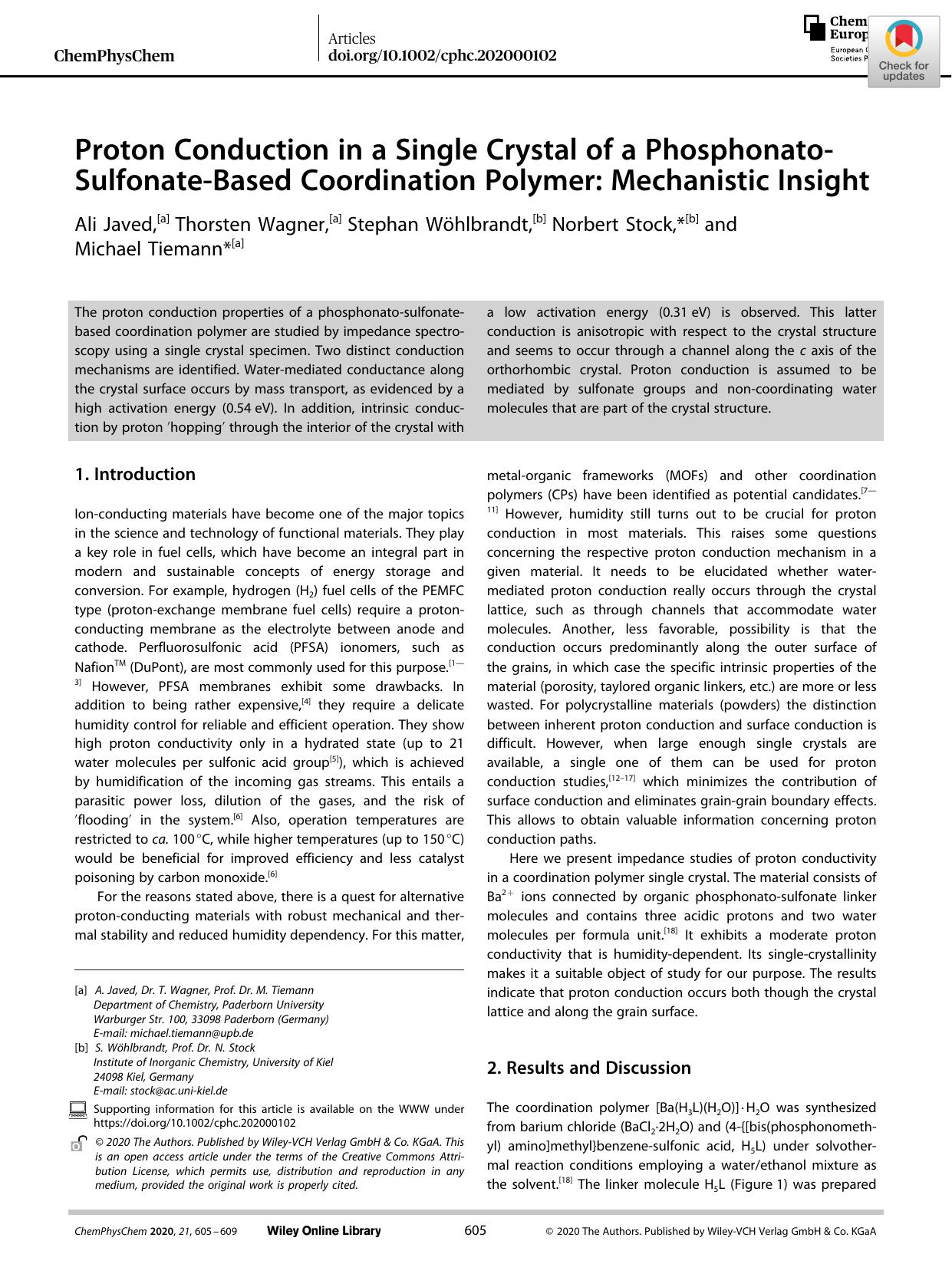 Proton Conduction in a Single Crystal of a PhosphonatoâSulfonateâBased Coordination Polymer: Mechanistic Insight by Unknown