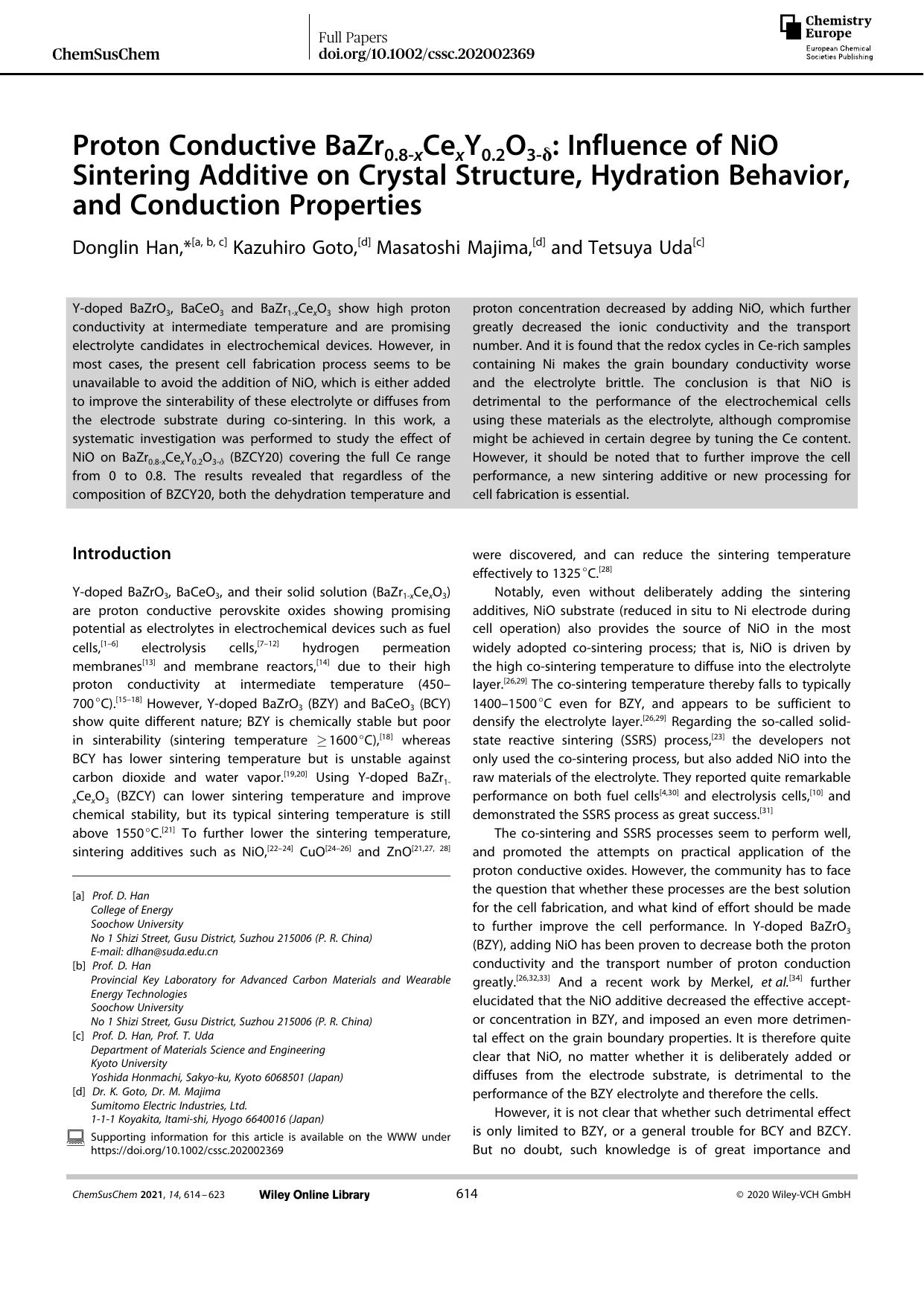 Proton Conductive BaZr0.8âxCexY0.2O3âÎ´: Influence of NiO Sintering Additive on Crystal Structure, Hydration Behavior, and Conduction Properties by Unknown