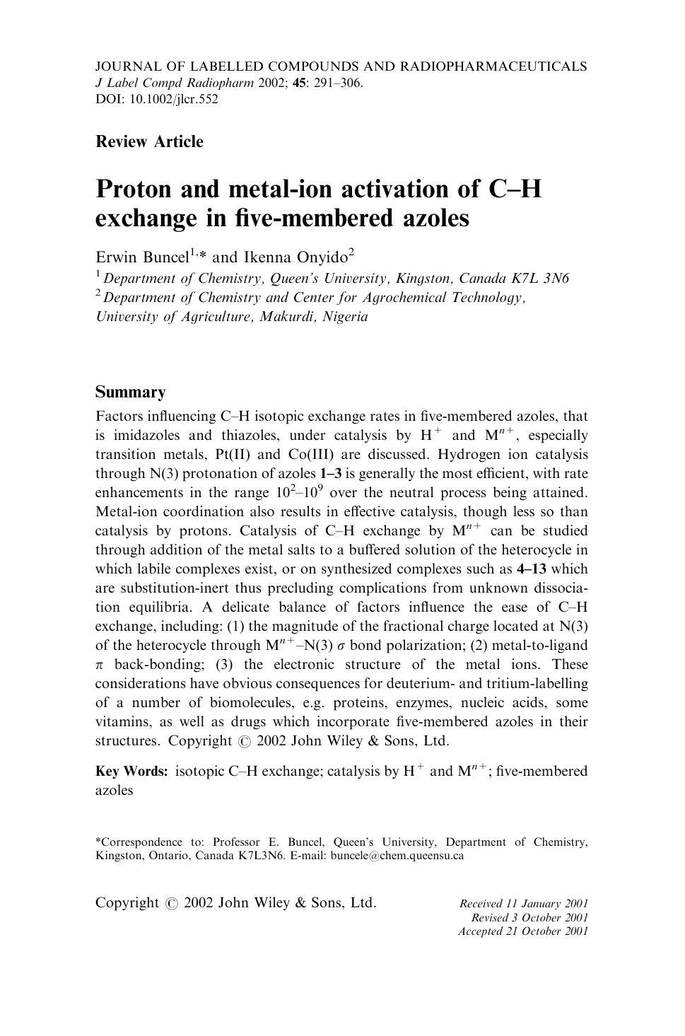 Proton and metal-ion activation of C-H exchange in five-membered azoles by Unknown