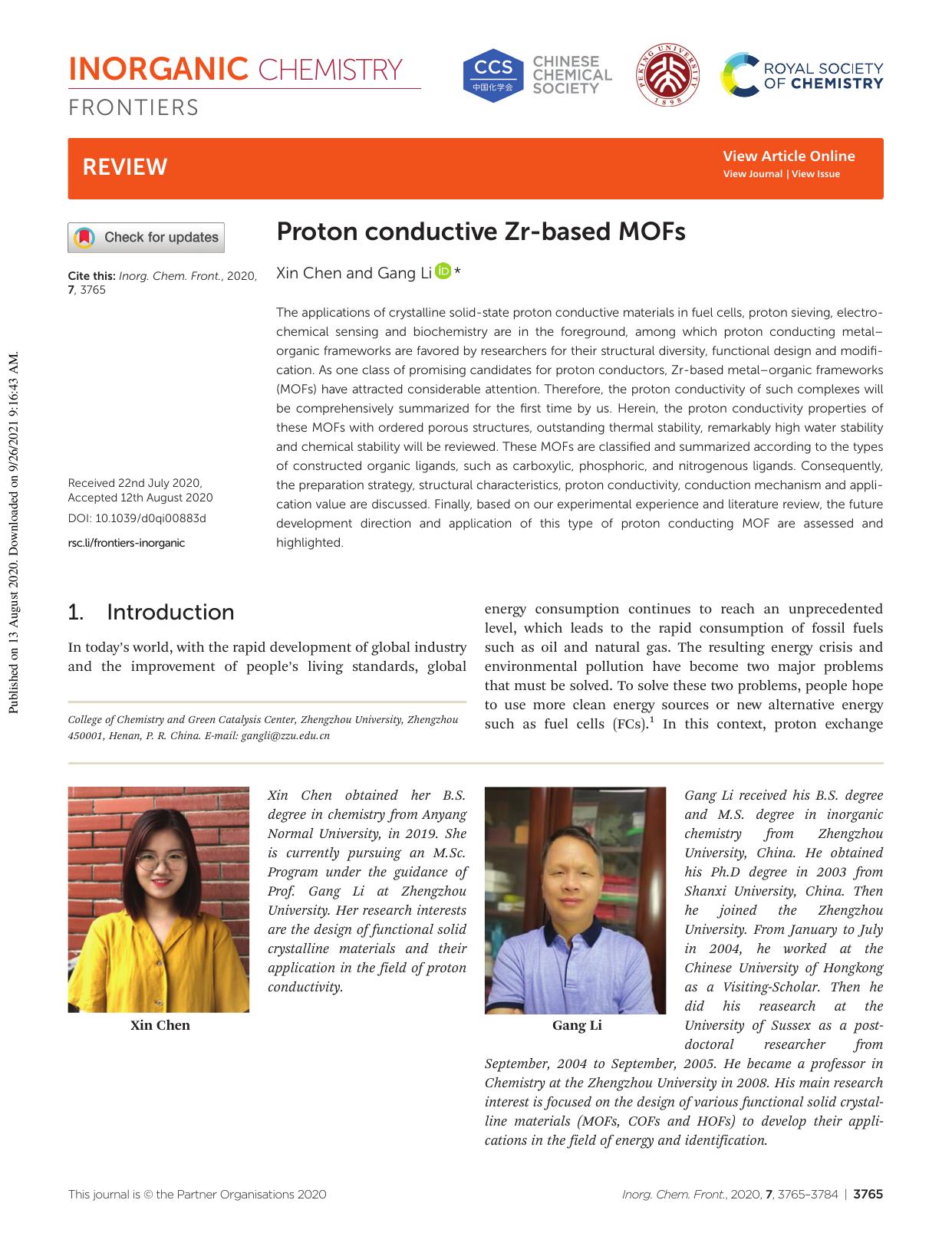 Proton conductive Zr-based MOFs by Xin Chen Gang Li