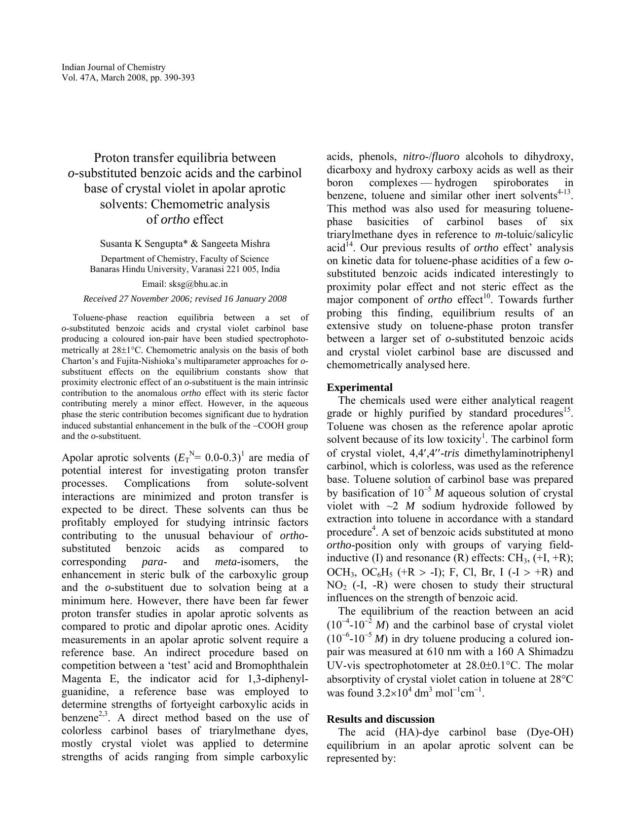 Proton transfer equilibria between o-benzoic acids and the carbinol base of crystal violet in apolar aprotic solvents: Chemometric analysis of ortho effect by sdn