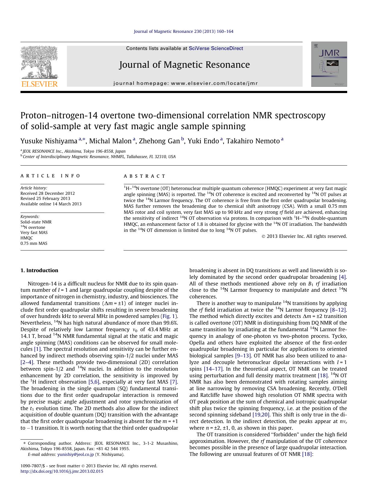 ProtonÃ¢â¬ânitrogen-14 overtone two-dimensional correlation NMR spectroscopy of solid-sample at very fast magic angle sample spinning by Yusuke Nishiyama & Michal Malon & Zhehong Gan & Yuki Endo & Takahiro Nemoto