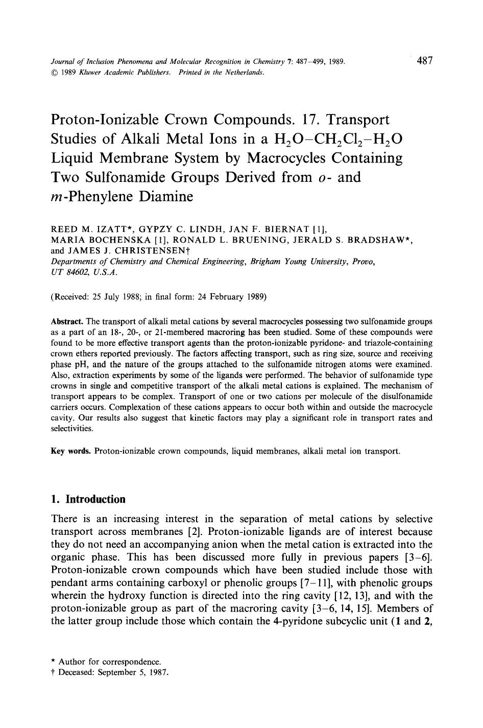 Proton-ionizable crown compounds. 17. Transport studies of alkali metal ions in a H <Subscript>2 <Subscript>O-CH <Subscript>2 <Subscript>Cl <Subscript>2 <Subscript>-H <Subscript>2 by Unknown