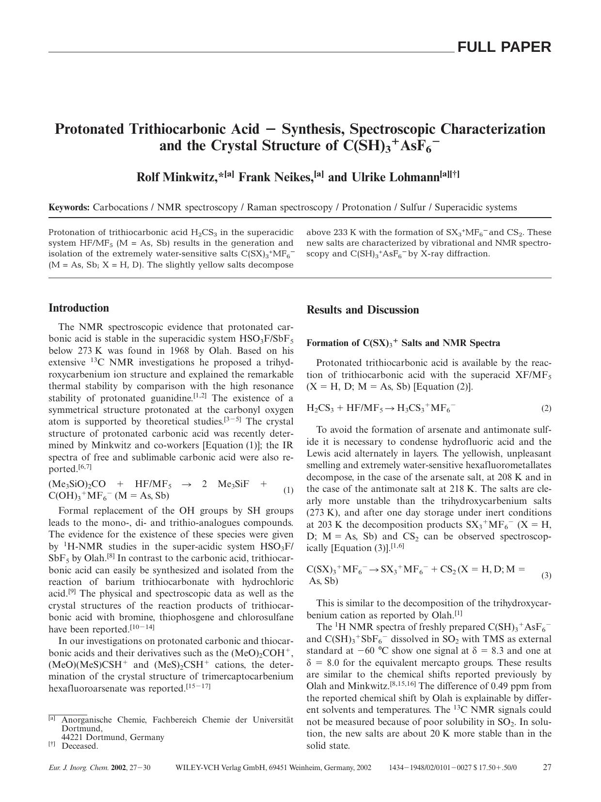 Protonated Trithiocarbonic Acid - Synthesis, Spectroscopic Characterization and the Crystal Structure of C(SH)3+AsF6- by Unknown