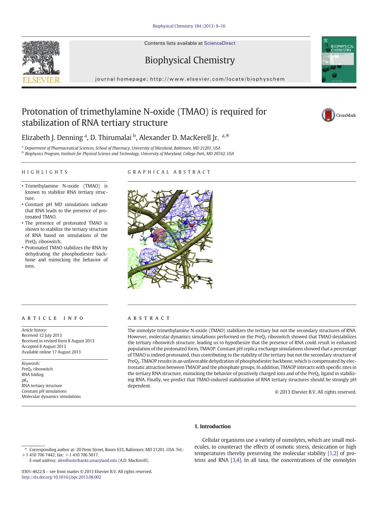 Protonation of trimethylamine N-oxide (TMAO) is required for stabilization of RNA tertiary structure by Elizabeth J. Denning & D. Thirumalai & Alexander D. MacKerell Jr