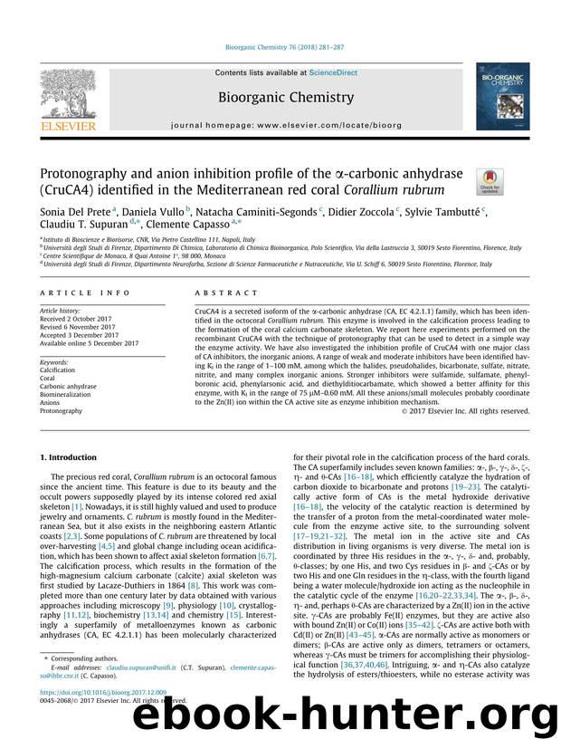 Protonography and anion inhibition profile of the ÃÂ±-carbonic anhydrase (CruCA4) identified in the Mediterranean red coral Corallium rubrum by unknow