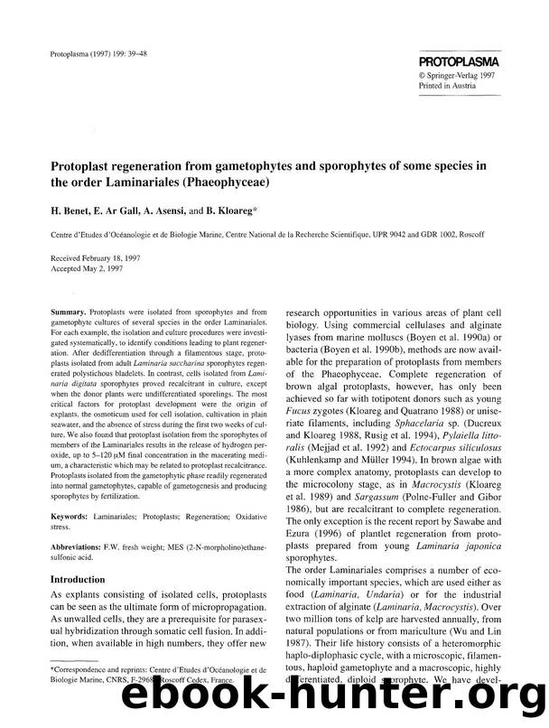Protoplast regeneration from gametophytes and sporophytes of some species in the order Laminariales (Phaeophyceae) by Unknown