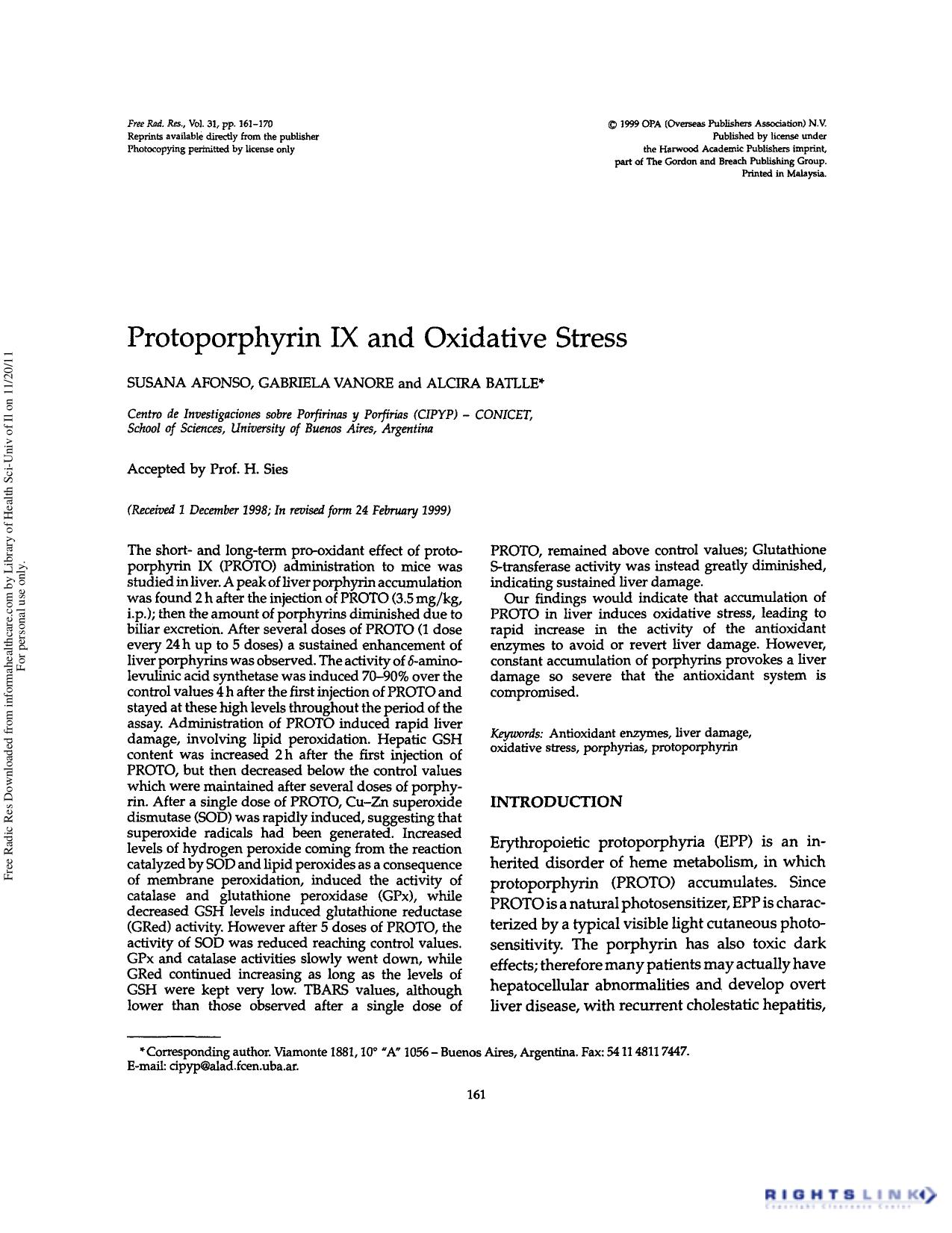 Protoporphyrin IX and oxidative stress by Susana Afonso Gabriela Vanore & Alcira Batlle