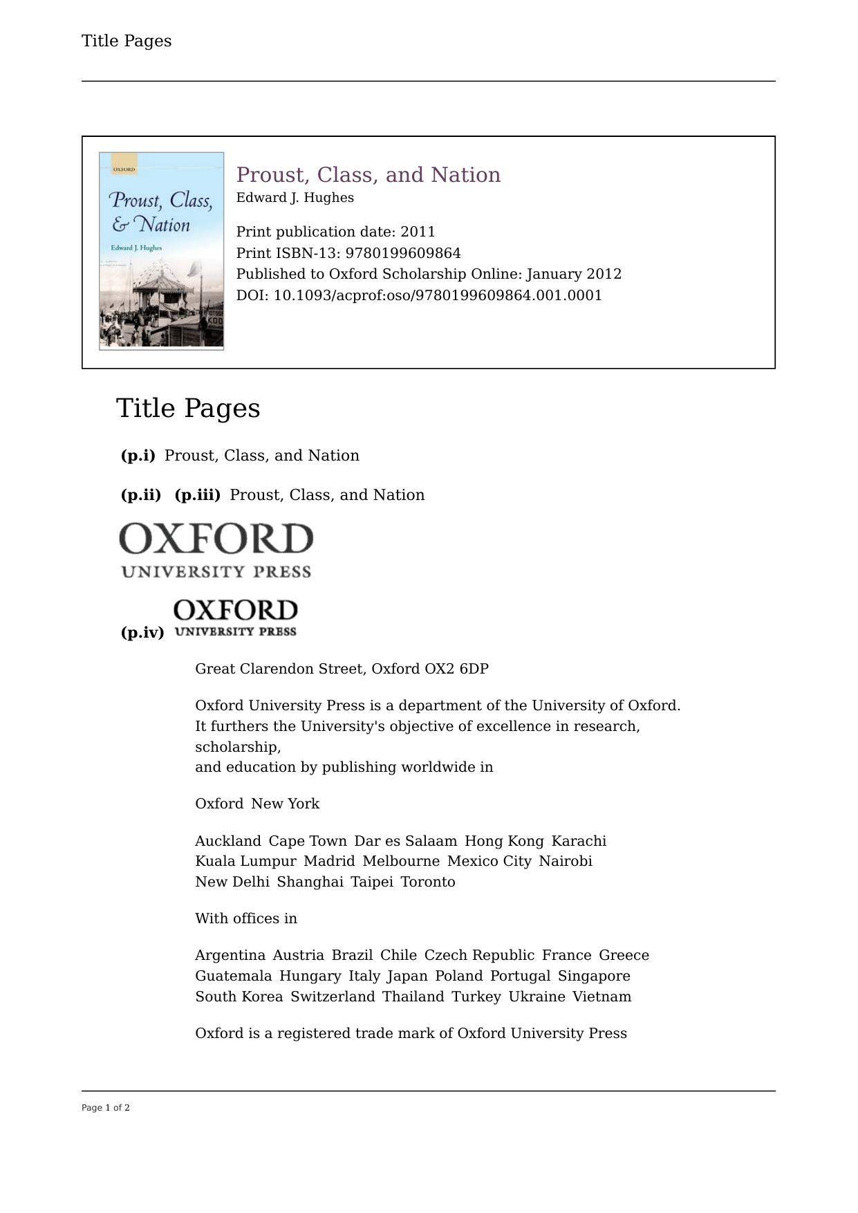 Proust, Class, and Nation by Edward J. Hughes
