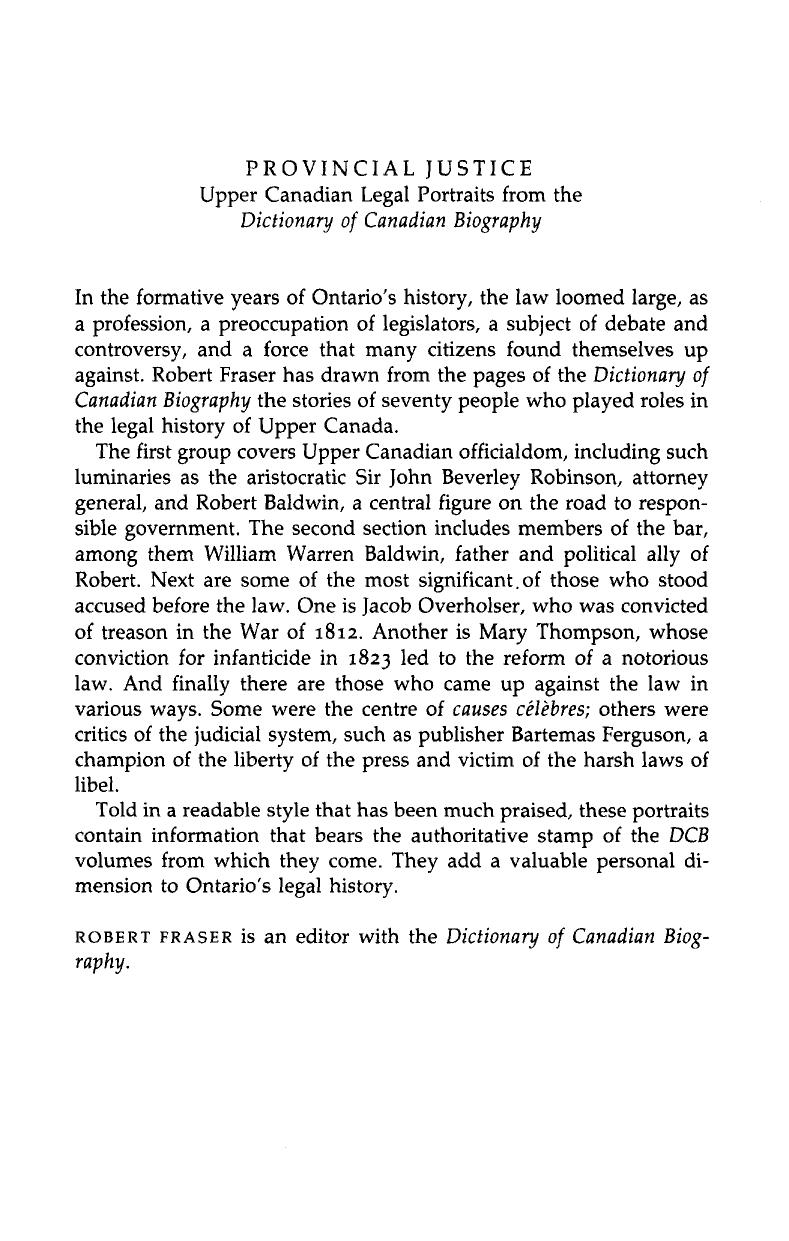 Provincial Justice: Upper Canadian Legal Portraits by Robert L. Fraser (editor)