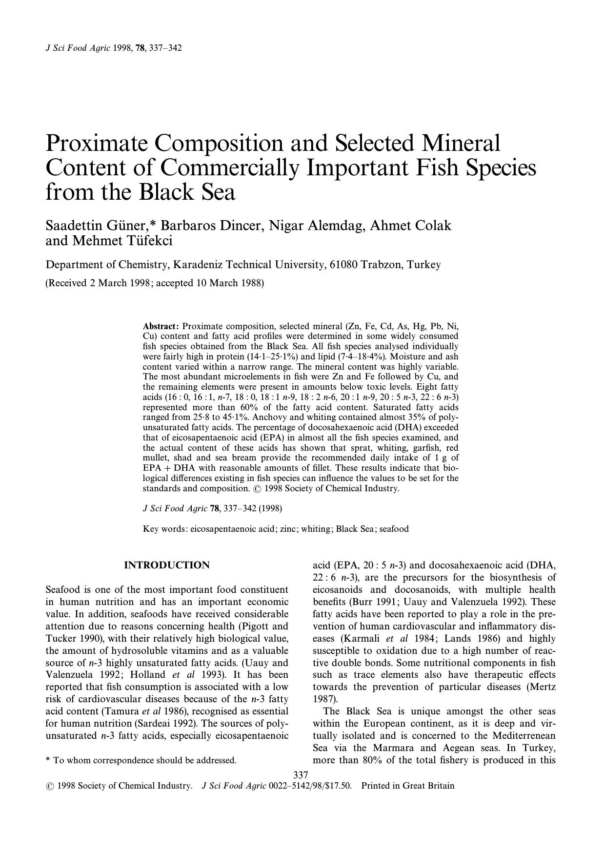 Proximate composition and selected mineral content of commercially important fish species from the black sea by Unknown