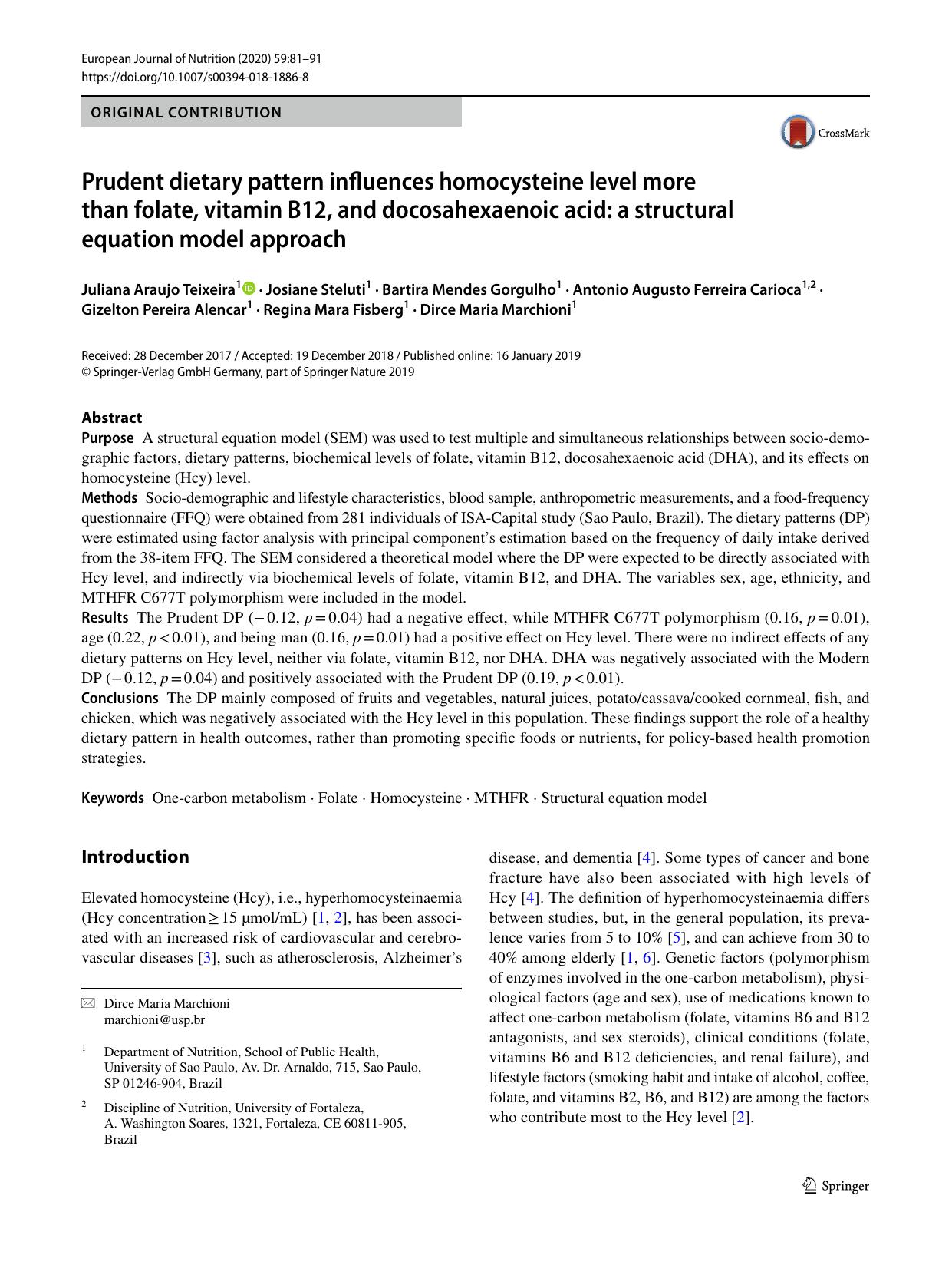 Prudent dietary pattern influences homocysteine level more than folate, vitamin B12, and docosahexaenoic acid: a structural equation model approach by unknow