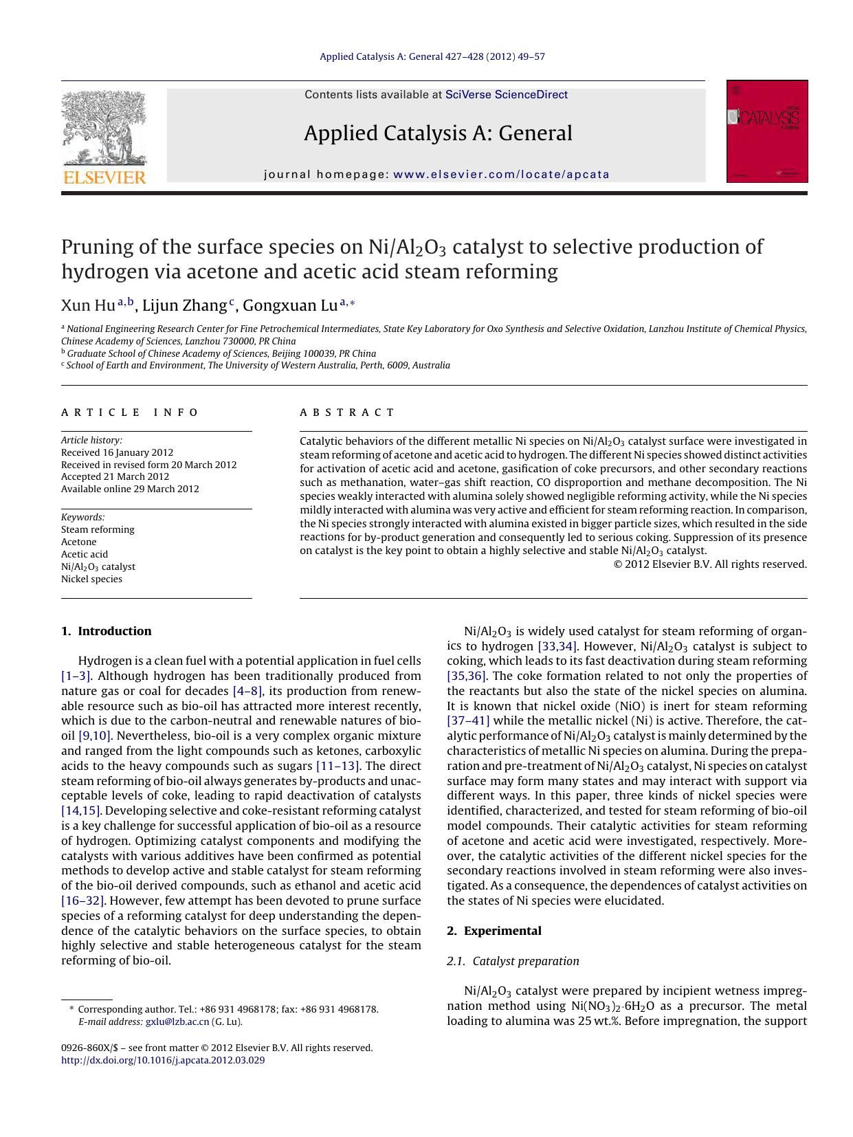 Pruning of the surface species on NiAl2O3 catalyst to selective production of hydrogen via acetone and acetic acid steam reforming by Xun Hu & Lijun Zhang & Gongxuan Lu