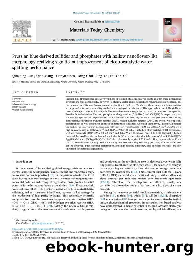 Prussian blue derived sulfides and phosphates with hollow nanoflower-like morphology realizing significant improvement of electrocatalytic water splitting performance by Qingqing Guo & Qiao Jiang & Tianyu Chen & Ning Chai & Jing Ye & Fei-Yan Yi
