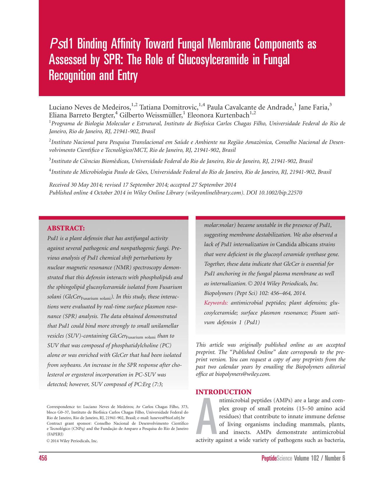 Psd1 Binding Affinity Toward Fungal Membrane Components as Assessed by SPR: The Role of Glucosylceramide in Fungal Recognition and Entry by Unknown