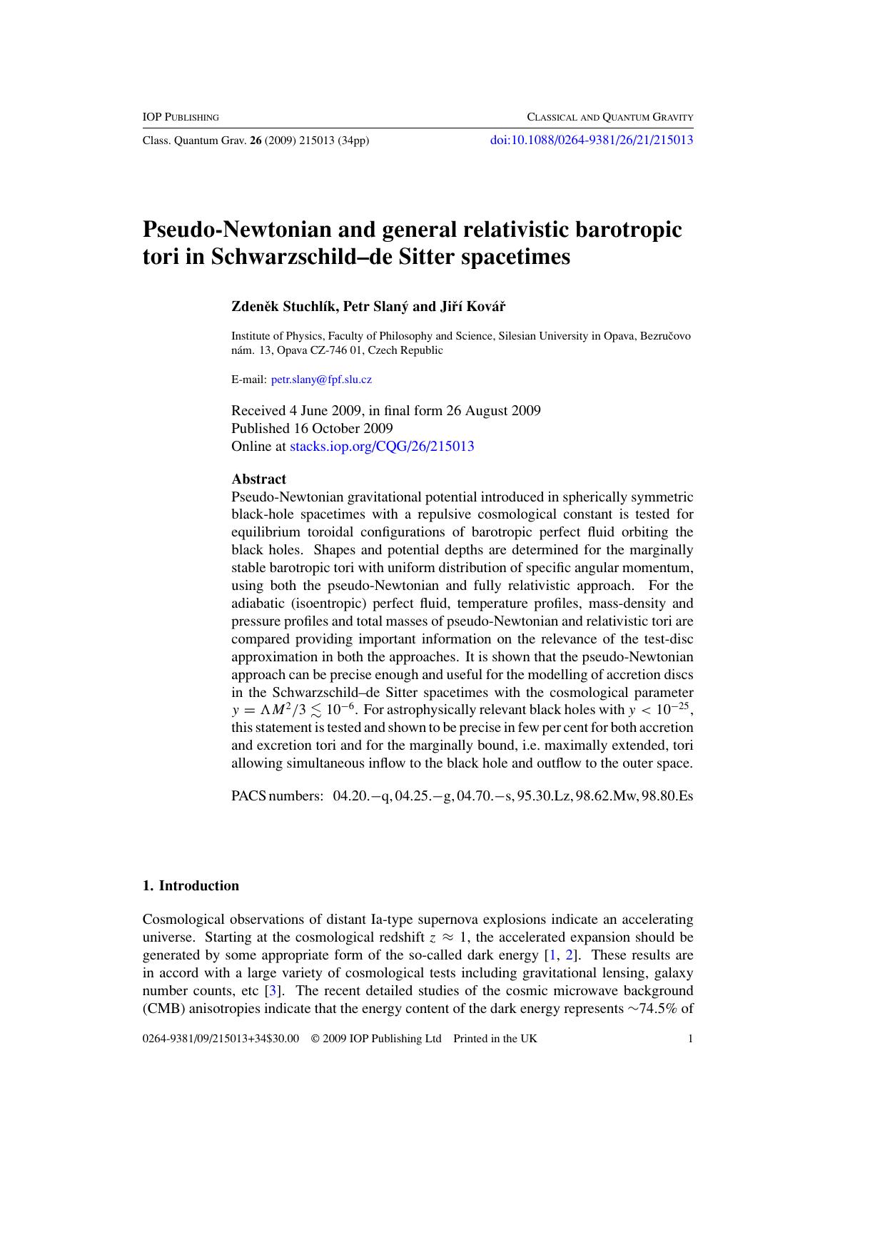 Pseudo-Newtonian and general relativistic tori in SdS spacetimes by Z Stuchl19 k et al