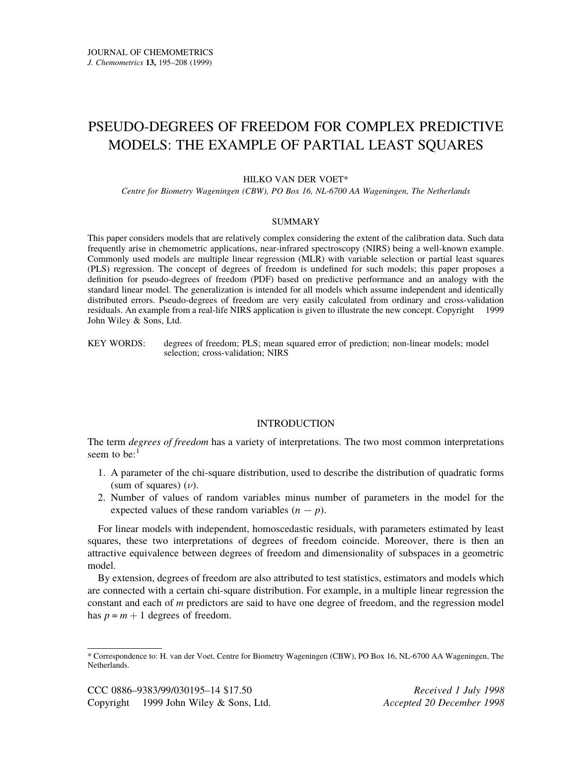 Pseudo-degrees of freedom for complex predictive models: the example of partial least squares by Unknown
