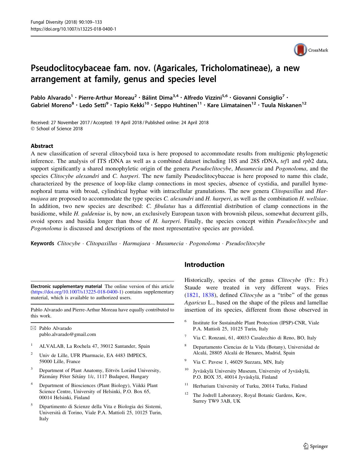 Pseudoclitocybaceae fam. nov. (Agaricales, Tricholomatineae), a new arrangement at family, genus and species level by unknow