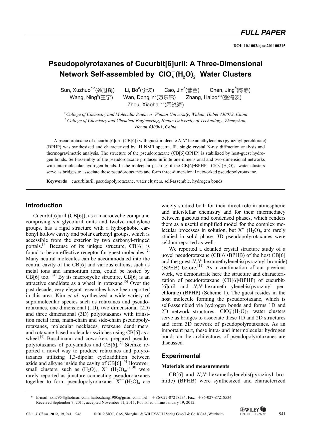 Pseudopolyrotaxanes of Cucurbit[6]uril: A ThreeDimensional Network Selfassembled by ClO4(H2O)2 Water Clusters by uy
