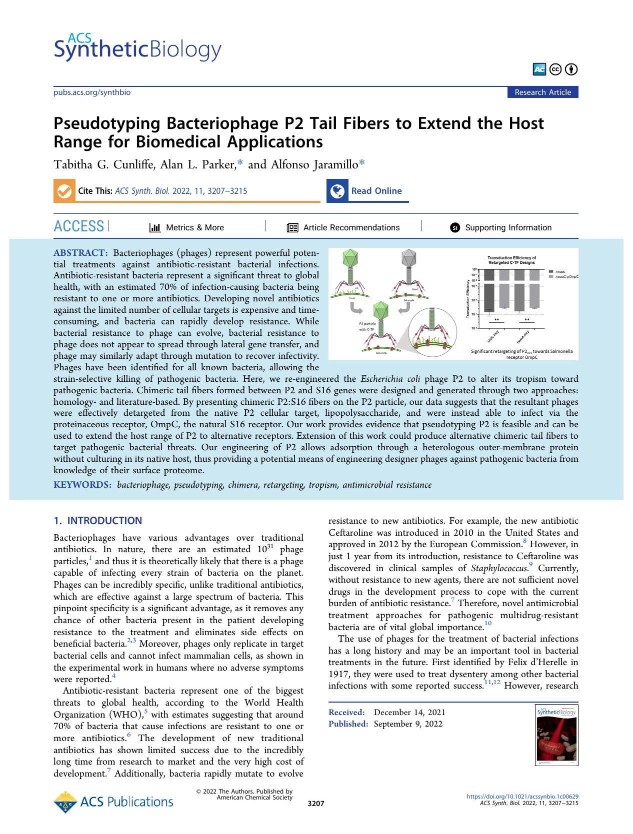 Pseudotyping Bacteriophage P2 Tail Fibers to Extend the Host Range for Biomedical Applications by Tabitha G. Cunliffe Alan L. Parker and Alfonso Jaramillo