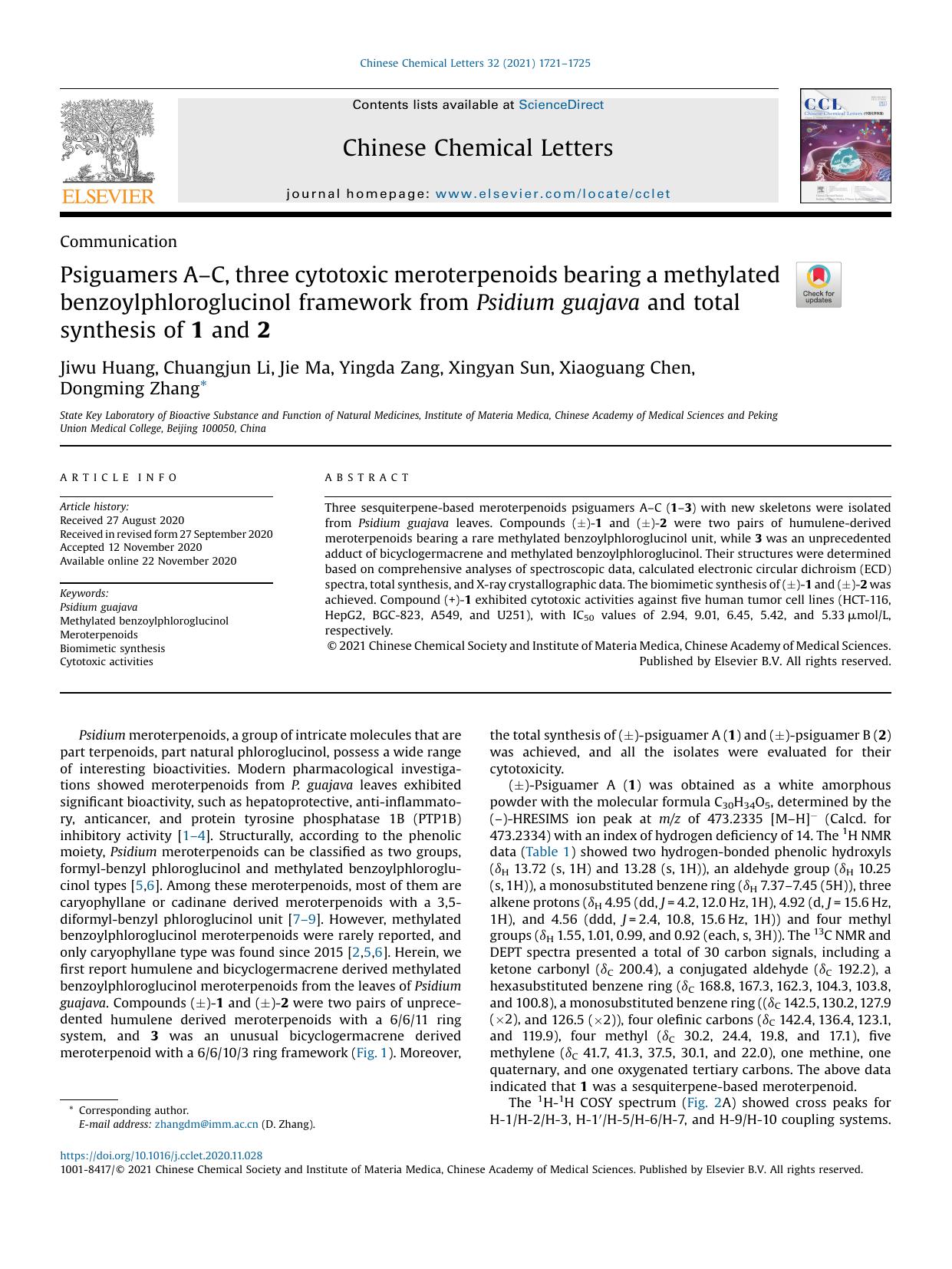 Psiguamers AC, three cytotoxic meroterpenoids bearing a methylated benzoylphloroglucinol framework from Psidium guajava and total synthesis of 1 and 2 by Jiwu Huang & Chuangjun Li & Jie Ma & Yingda Zang & Xingyan Sun & Xiaoguang Chen & Dongming Zhang