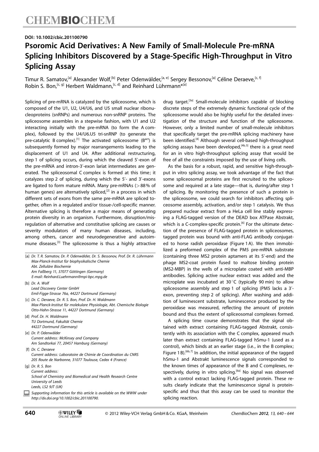 Psoromic Acid Derivatives: A New Family of SmallMolecule PremRNA Splicing Inhibitors Discovered by a StageSpecific HighThroughput in Vitro Splicing Assay by Unknown