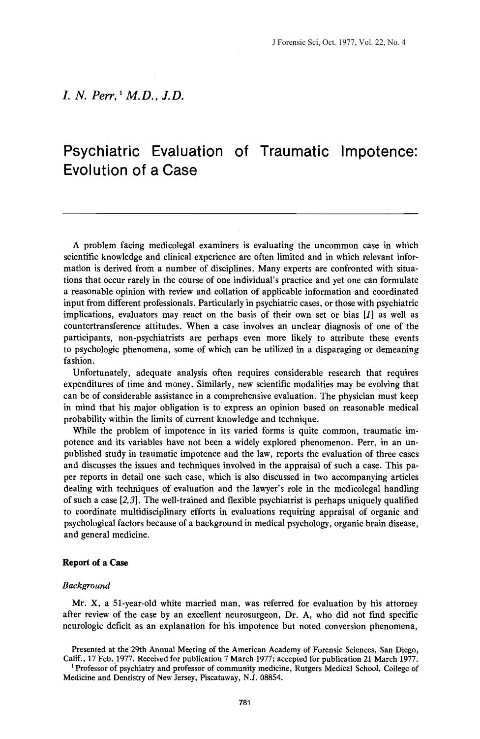 Psychiatric Evaluation of Traumatic Impotence: Evolution of a Case by Perr IN