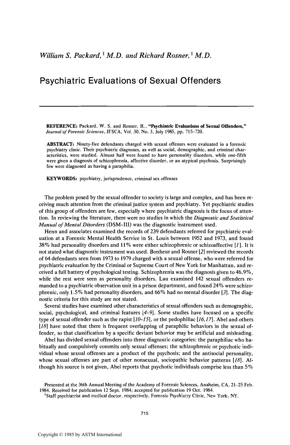 Psychiatric Evaluations of Sexual Offenders by Packard WS Rosner R