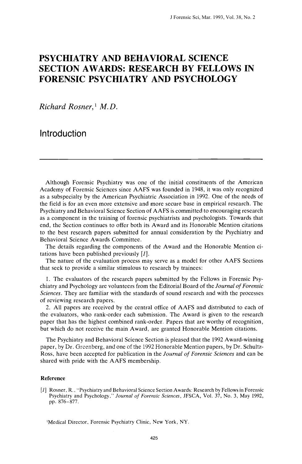 Psychiatry and Behavorial Science Section Awards: Research by Fellows in Forensic Pyschiatry and Phsychology by Rosner R