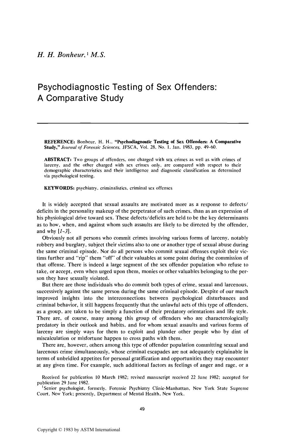 Psychodiagnostic Testing of Sex Offenders: A Comparative Study by Bonheur HH