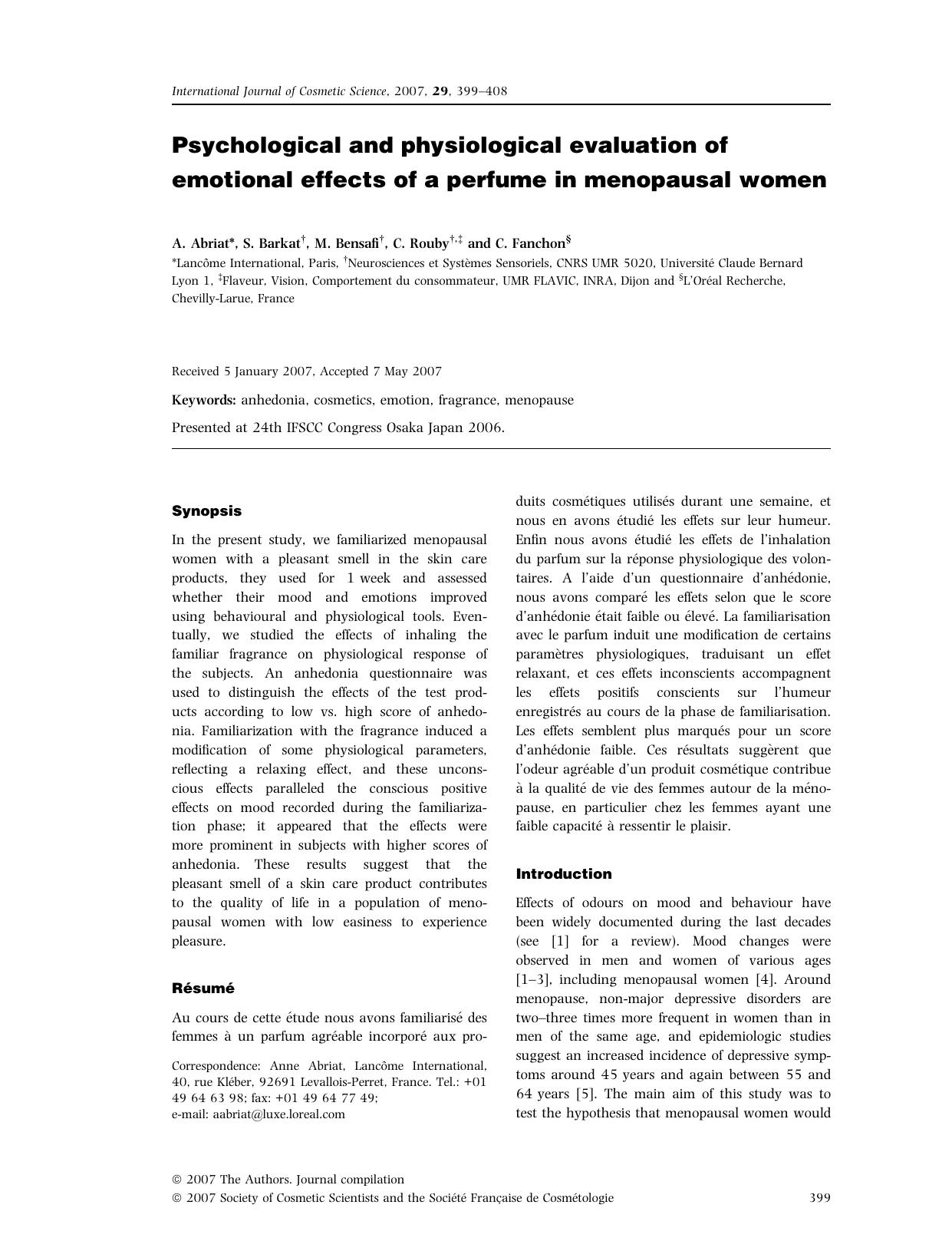 Psychological and physiological evaluation of emotional effects of a perfume in menopausal women by Unknown