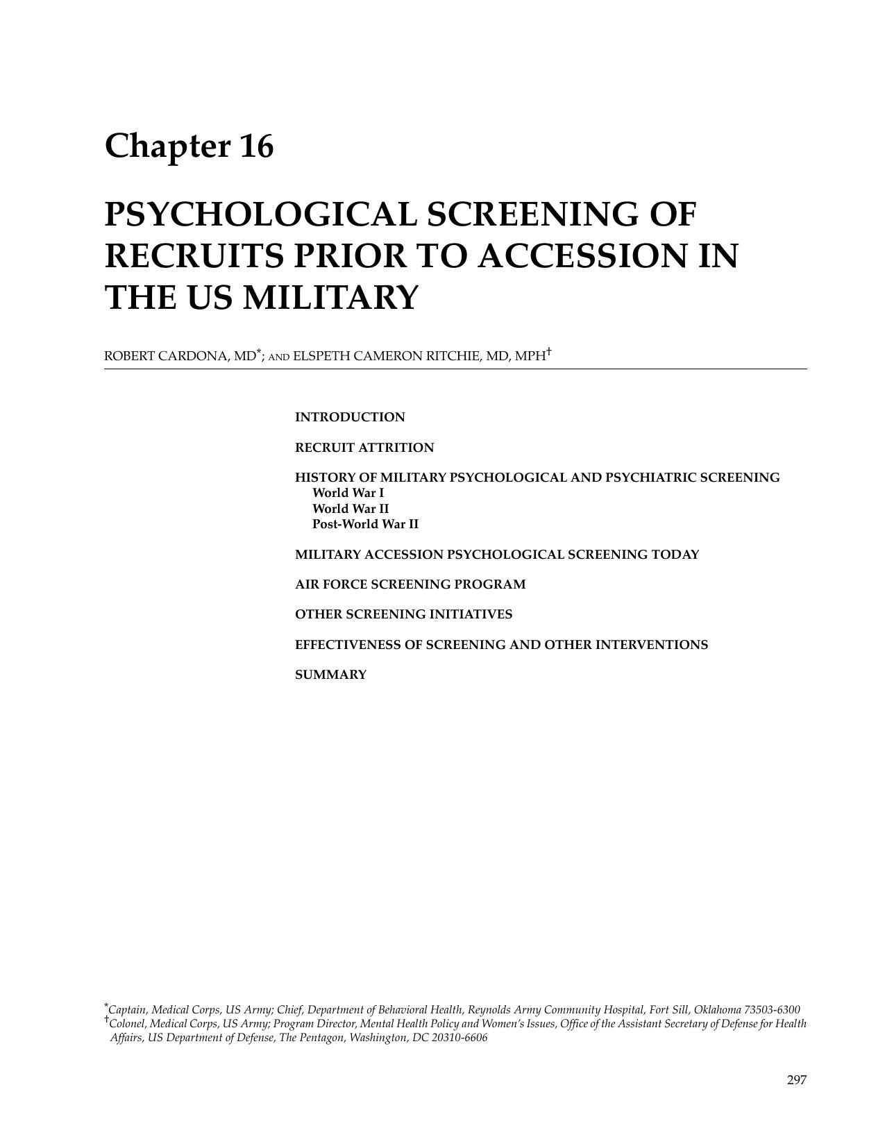 Psychological screening of recruits prior to accession in the US Military by Cardonna R. Ritchie E.C