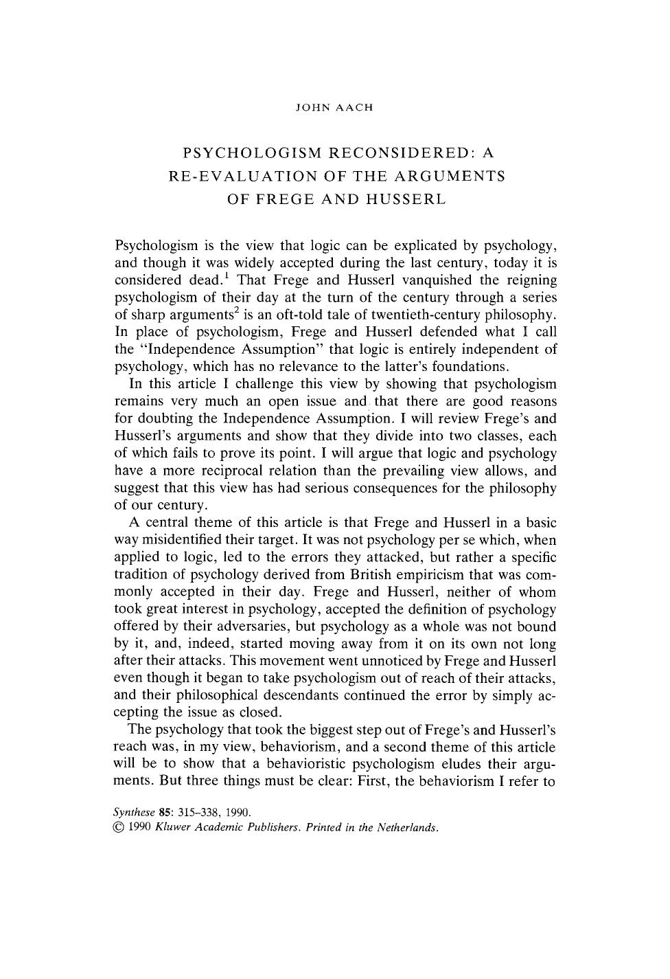 Psychologism reconsidered: A re-evaluation of the arguments of Frege and Husserl by Unknown