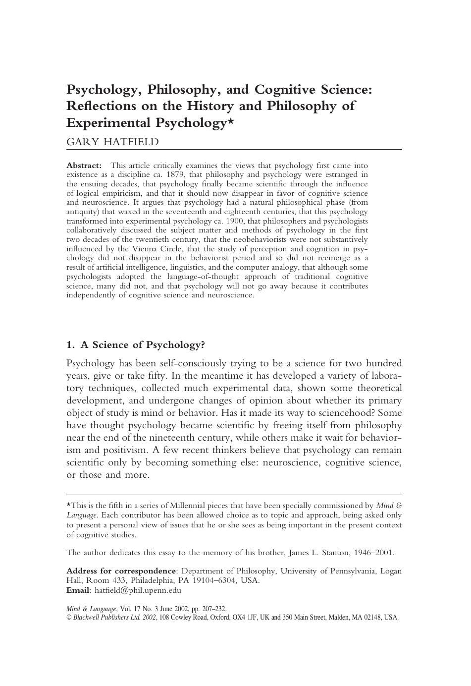 Psychology, Philosophy, and Cognitive Science by Reflections on the History & Philosophy of Experimental Psychology
