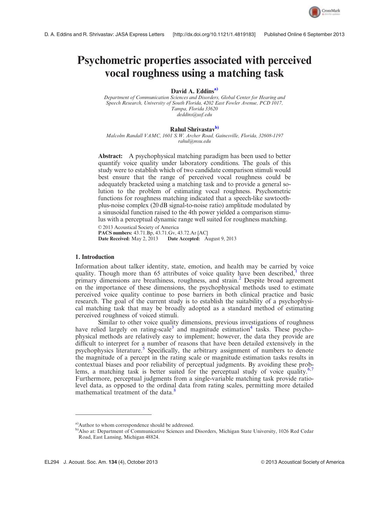 Psychometric properties associated with perceived vocal roughness using a matching task by David A. Eddinsa) and Rahul Shrivastavb)