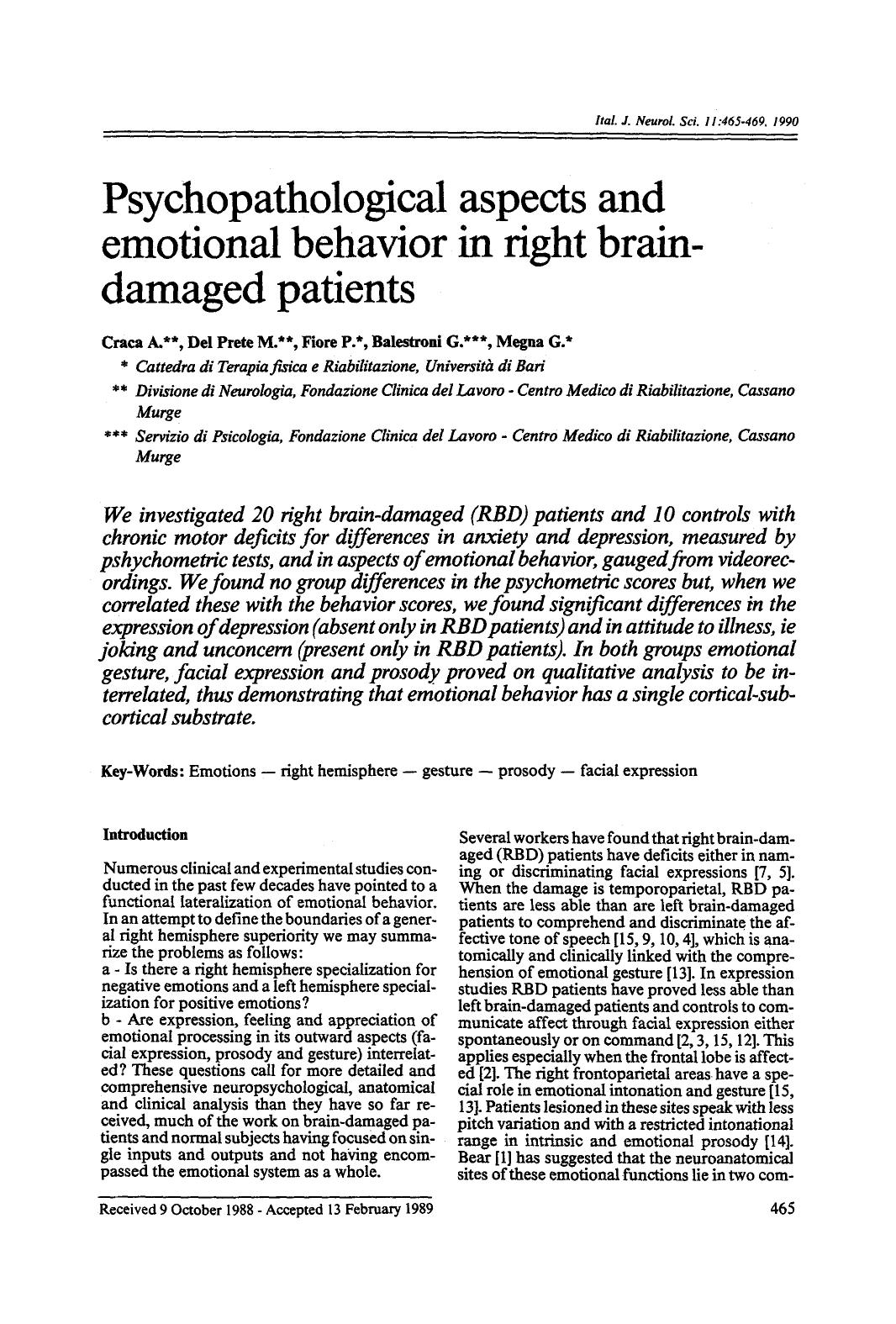 Psychopathological aspects and emotional behavior in right brain-damaged patients by Unknown