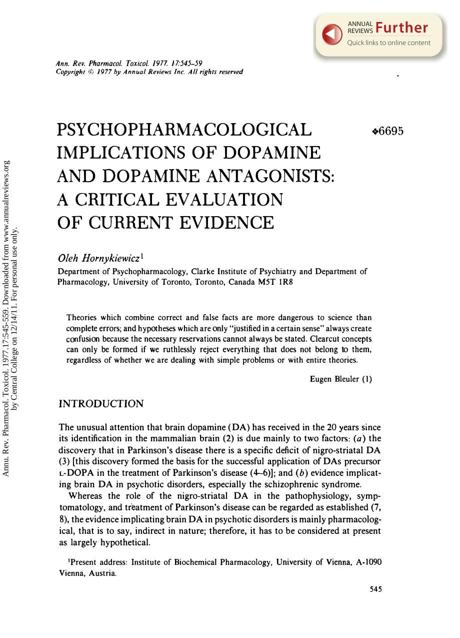 Psychopharmacological Implications of Dopamine and Dopamine Antagonists: A Critical Evaluation of Current Evidence by O Hornykiewicz