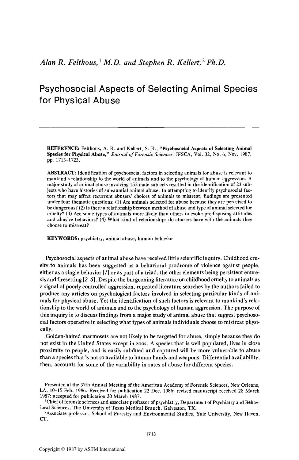 Psychosocial Aspects of Selecting Animal Species for Physical Abuse by Felthous AR Kellert SR