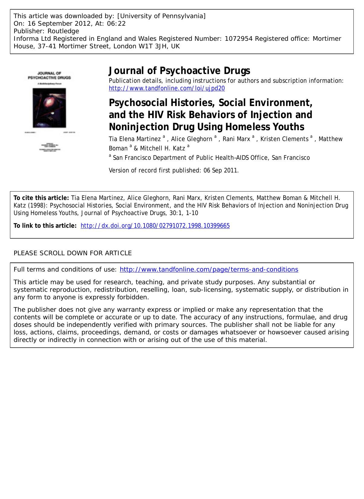 Psychosocial Histories, Social Environment, and the HIV Risk Behaviors of Injection and Noninjection Drug Using Homeless Youths by unknow