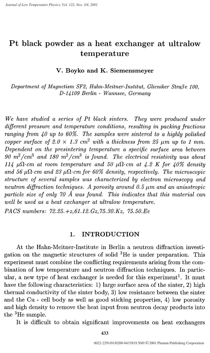 Pt black powder as a heat exchanger at ultralow temperature by Unknown