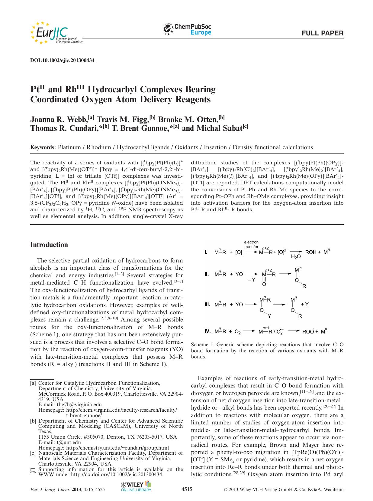 PtII and RhIII Hydrocarbyl Complexes Bearing Coordinated Oxygen Atom Delivery Reagents by Unknown
