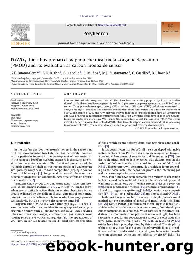 PtWO3 thin films prepared by photochemical metalÃ¢â¬âorganic deposition (PMOD) and its evaluation as carbon monoxide sensor by G.E. Buono-Core & A.H. Klahn & G. Cabello & E. Muñoz & M.J. Bustamante & C. Castillo & B. Chornik