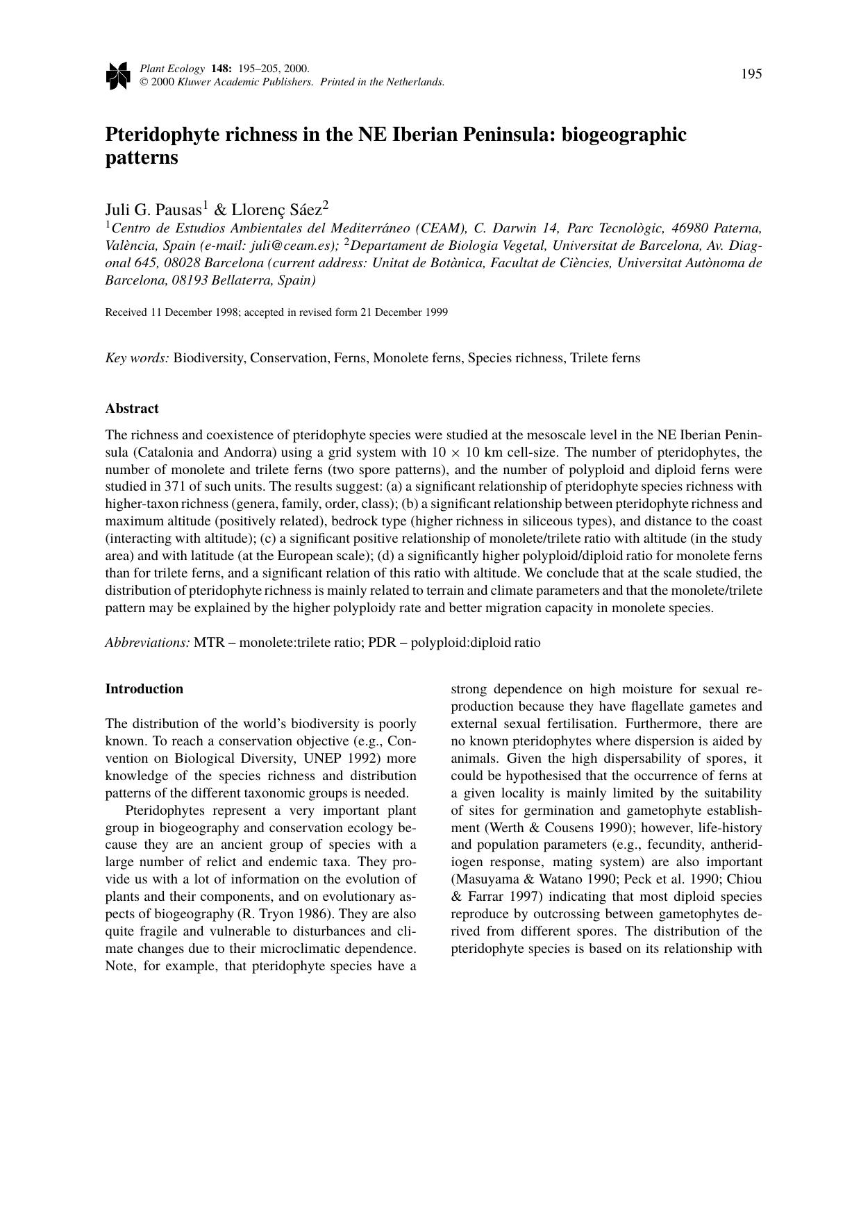 Pteridophyte richness in the NE Iberian Peninsula: biogeographic patterns by Unknown