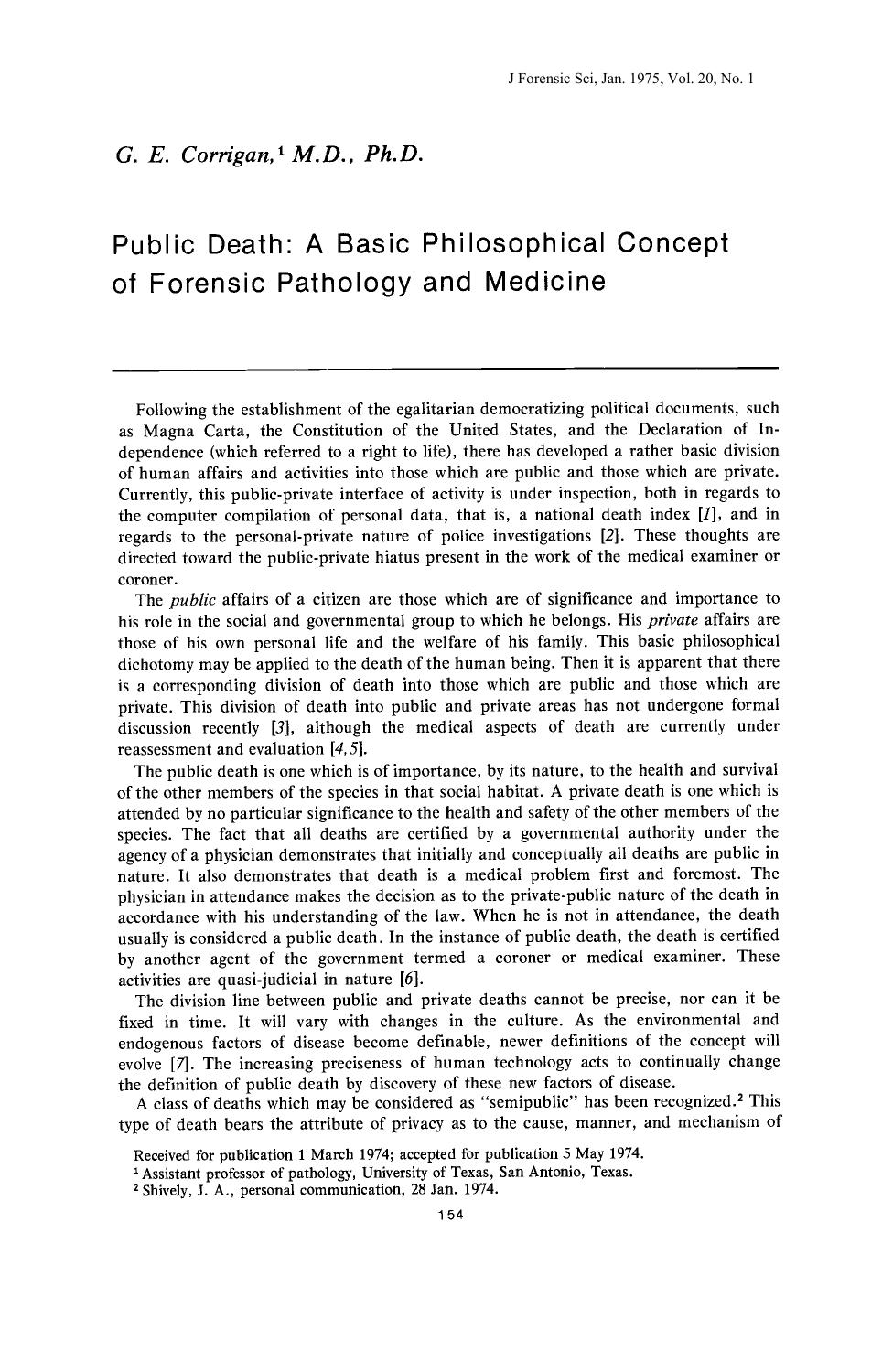 Public Death: A Basic Philosophical Concept of Forensic Pathology and Medicine by Corrigan GE