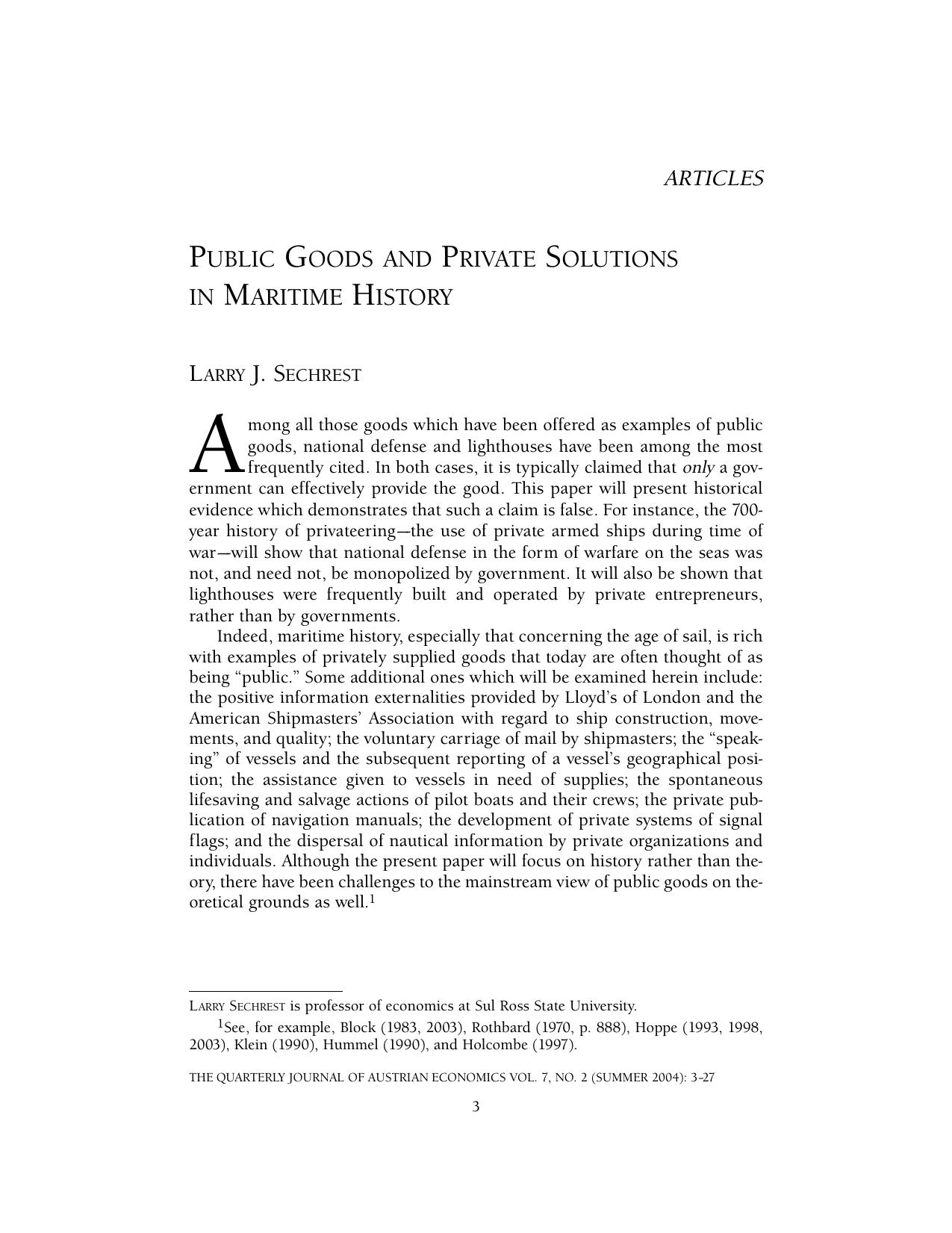 Public Goods and Private Solutions in Maritime History by Larry J. Sechrest