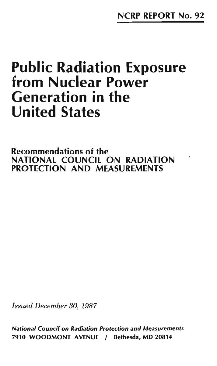 Public Radiation Exposure from Nuclear Power Generation in the United States (Ncrp Report : No. 92) by National Council on Radiation Protection and Measurements