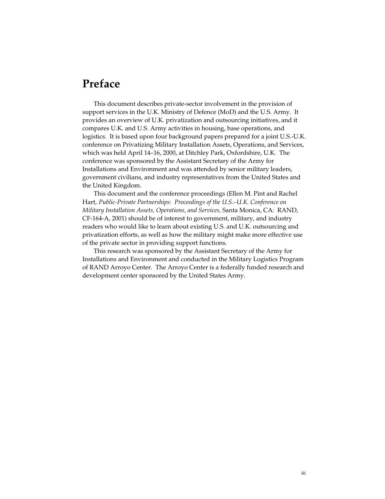 Public-Private Partnerships: Background Papers for the U.S.-U.K. Conference on Military Installation Assets, Operations, and Services by Ellen M. Pint